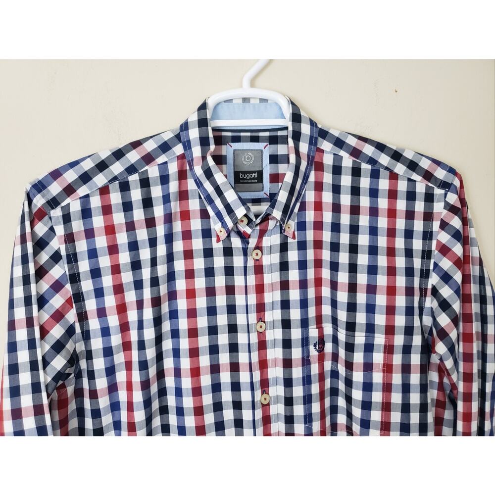 BUGATTI Shirt Mens Size L Blue Checked Casual Business Cottagecore Gorpcore